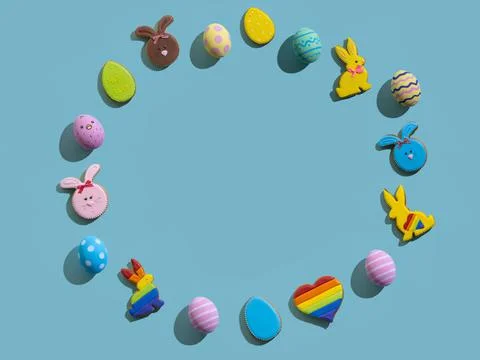 Easter banner round frame rabbit egg pattern blue Stock Photos