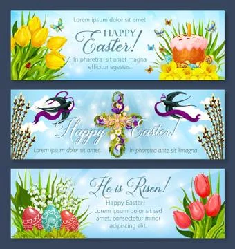 Easter banner set with egg, cake and flower cross Stock Illustration