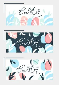 Easter banner set with eggs and leaves. Happy Easter design with lettering in Illustrazione stock