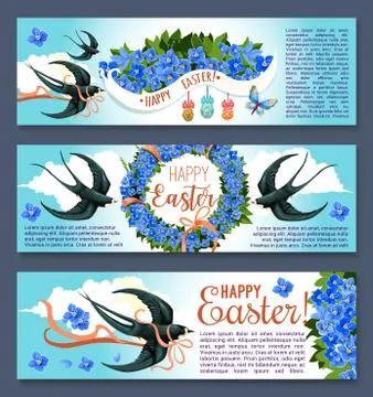 Easter banner set with spring birds and flowers Stock Illustration