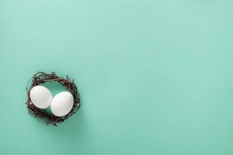 Easter banner of two eggs in a nest on a light blue background. Space for text. Stock Photos