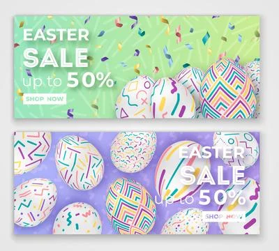 Easter banners with 3d ornate eggs on green and purple with letters. Cute v.. Stock Illustration