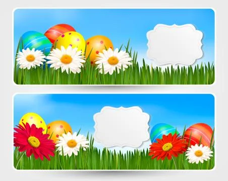 Easter banners with easter eggs and colorful flowers. vector illustration. Stock Illustration
