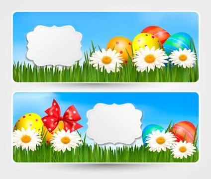 Easter banners with easter eggs and colorful flowers. vector illustration. Stock Illustration