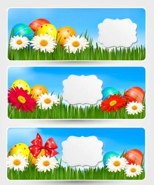 Easter banners with easter eggs and colorful flowers Stock Illustration