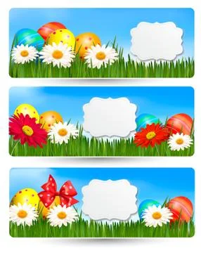 Easter banners with easter eggs and colorful flowers Stock Illustration