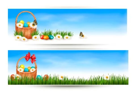 Easter banners with easter eggs in basket and flowers. vector Stock Illustration