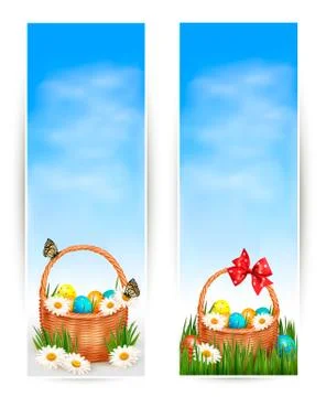 Easter banners with easter eggs in basket and flowers. vector Stock Illustration