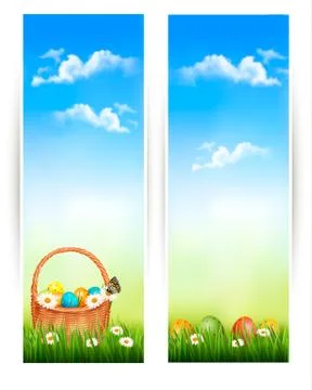 Easter banners with easter eggs in basket and flowers. vector Stock Illustration