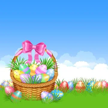 Easter basket and colorful Easter eggs in green grass for Easter holidays Stock Illustration