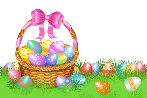 Easter basket and colorful Easter eggs in green grass for Easter holidays Stock Illustration