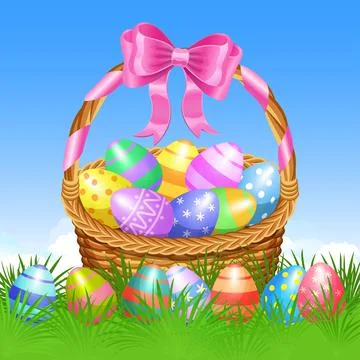 Easter basket and colorful Easter eggs in green grass for Easter holidays Stock Illustration