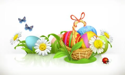 Easter, basket and eggs. Spring flowers 3d vector banner Stock Illustration