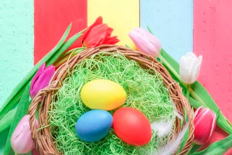 Easter basket and multicolor tulips Stock Photos