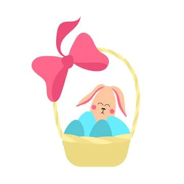 Easter basket with bow, eggs and bunny in it. easter egg hunt design element Stock Illustration