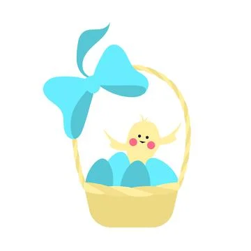 Easter basket with bow, eggs and chicken in it. easter egg hunt design element Stock Illustration
