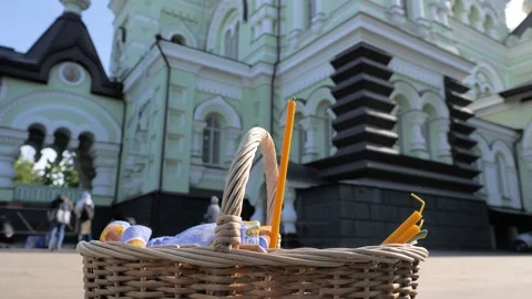 Easter basket with cake, eggs and candles Stock Footage 274842926