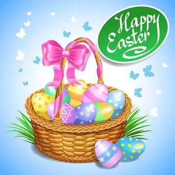Easter basket with color painted easter eggs. Easter eggs in basket Stock Illustration