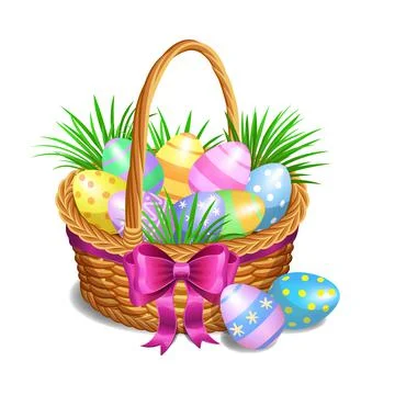 Easter basket with color painted easter eggs isolated on white background. Stock Illustration