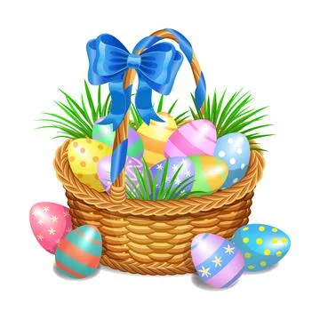 Easter basket with color painted easter eggs isolated on white background. Stock Illustration