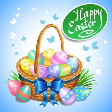 Easter basket with color painted easter eggs. Easter eggs in basket Stock Illustration