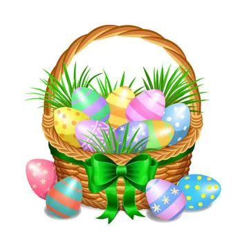 Easter basket with color painted easter eggs isolated on white background. Stock Illustration