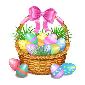 Easter basket with color painted easter eggs isolated on white background. Stock Illustration