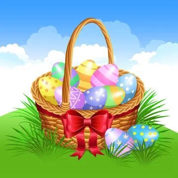 Easter basket with color painted easter eggs. Easter eggs in basket Stock Illustration