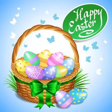 Easter basket with color painted easter eggs. Easter eggs in basket Stock Illustration