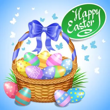 Easter basket with color painted easter eggs. Easter eggs in basket Stock Illustration