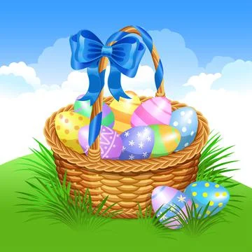 Easter basket with color painted easter eggs. Easter eggs in basket Stock Illustration