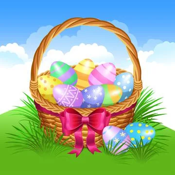 Easter basket with color painted easter eggs. Easter eggs in basket Stock Illustration