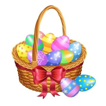 Easter basket with color painted easter eggs isolated on white background. Stock Illustration