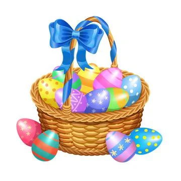 Easter basket with color painted easter eggs isolated on white background. Stock Illustration