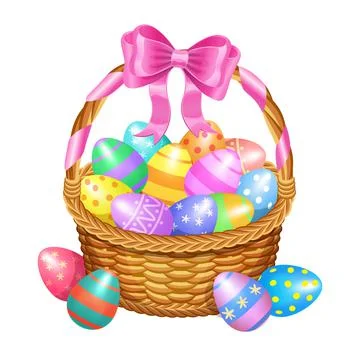 Easter basket with color painted easter eggs isolated on white background. Stock Illustration