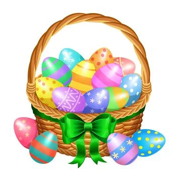 Easter basket with color painted easter eggs isolated on white background. Stock Illustration