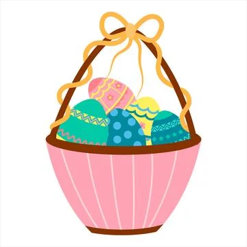 Easter basket with colored eggs, vector isolated on a white background Stock Illustration