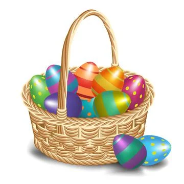 Easter basket with colored eggs on a white background. Stock Illustration