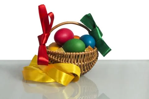 Easter basket with colored ribbons on the two backgrounds. Stock Photos