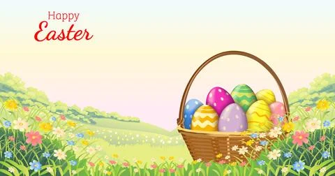 Easter basket with colorful eggs in spring field Stock Illustration