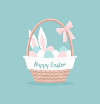 Easter basket covered in fabric with text, with eggs, bunny ears and bow Stock Illustration