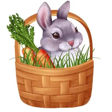 Easter basket with cute rabbit. Spring illustration isolated on white East... Stock Photos