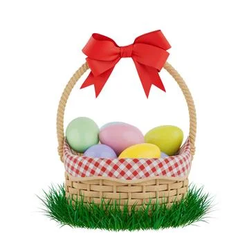 Easter Basket for Easter Eggs with Red Bow in Green Grass Filled with Color.. Illustrazione stock