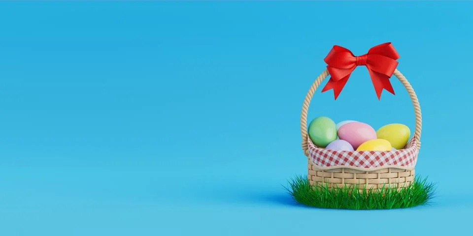 Easter Basket for Easter Eggs with Red Bow in Green Grass Filled with Color.. Stock Illustration