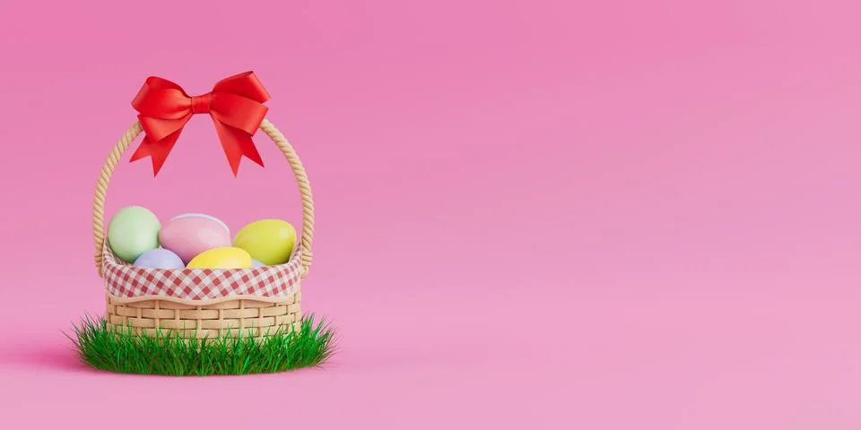 Easter Basket for Easter Eggs with Red Bow in Green Grass Filled with Color.. Stock Illustration
