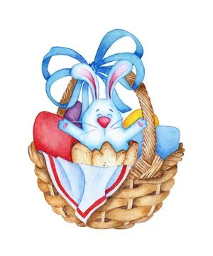 Easter basket with eggs and blue rabbit watercolor Stock Illustration