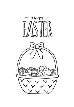 Easter basket with eggs and bow. Coloring page. Black and white wicker of eggs Illustrazione stock