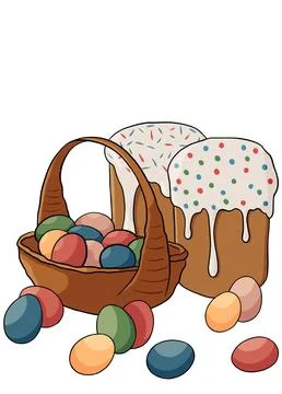 Easter basket with eggs and cake, Ukrainian Easter bread Paska. illustration  Stock Illustration