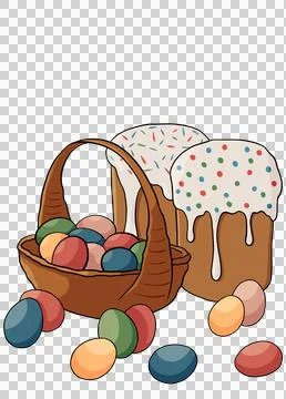 Easter basket with eggs and cake, Ukrainian Easter bread Paska. isolate Stock Illustration