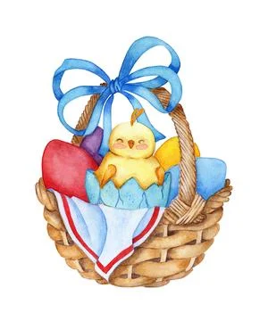 Easter basket with eggs and chicken watercolor Stock Illustration
